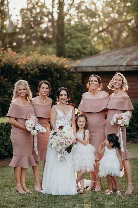 Modern Bridal Party With Nude Pink Off Shoulder Dresses Neutral Bridesmaid Dresses Bridesmaid