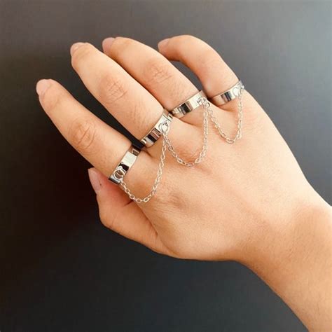 Handmade Five Finger Chain Rings Adjustable Chain Linked Etsy