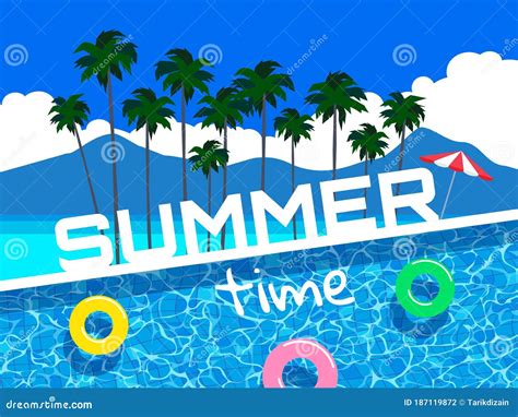 Summer Time Banner With Palm Trees Beach Swimming Pool Stock Vector