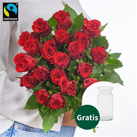 Rote Fairtrade Rosen Im Bund Mit Vase Blumen Online Verschicken Auf