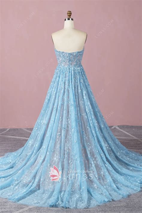 Ice Blue Sequinned Floral Lace With Nude Lining Prom Gown Lunss
