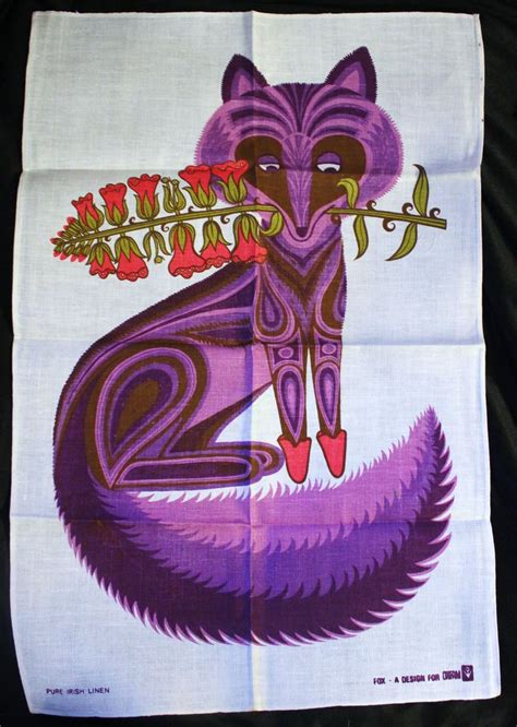 Vintage Retro Belinda Lyon Oxfam Purple Fox Tea Towel Irish Linen 1970