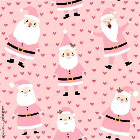 Cute Christmas Seamless Pattern With Santa Claus And Hearts On Pink