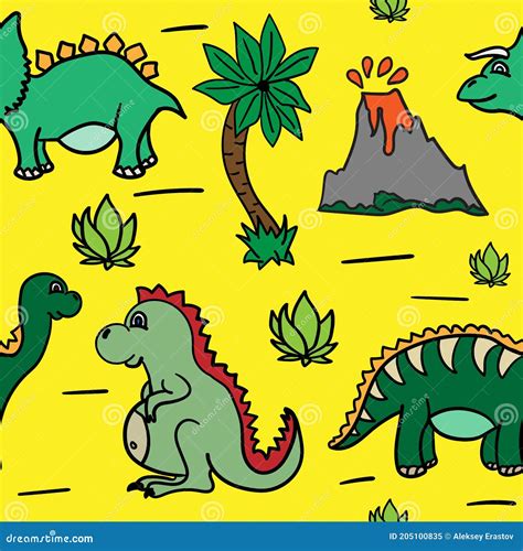 Cute Seamless Pattern With Dinosaurs Palm Trees And Volcanoes Drawn By