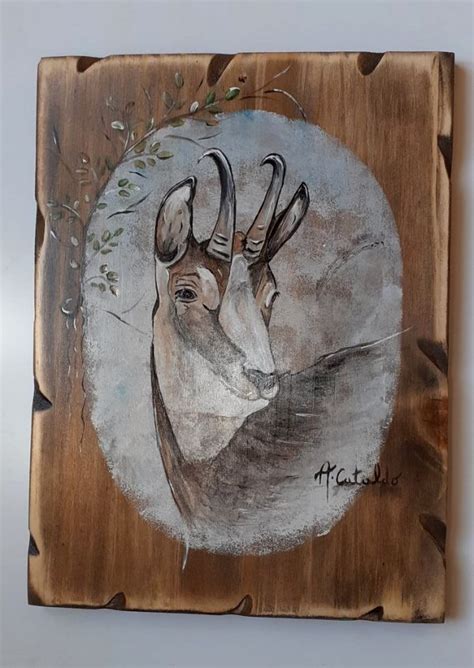 Tableau Peinture Artisanale Handmade Chamois Sur Bois D Co Chalet