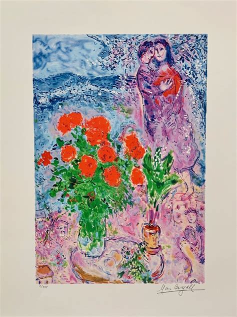 Marc Chagall Red Bouquet And Lovers Limited Edition Facsimile Signed