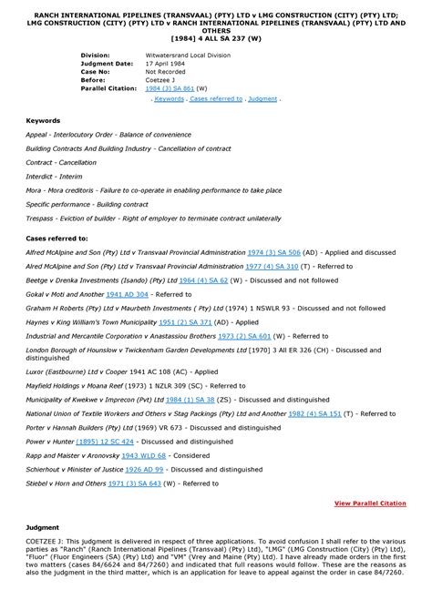 Ranch International Pipelines ( Transvaal) (PTY) LTD v LMG Construction
