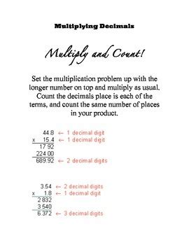 Multiply Multi Digit Decimals Notes Reference Sheet Common Core Aligned