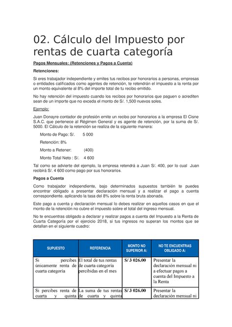 Cuarta Categoria C Lculo Del Impuesto Por Rentas De Cuarta