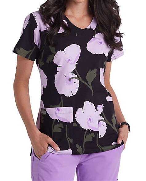 Greys Anatomy Signature Pretty Poppy V Neck Print Scrub Tops Scrubs And Beyond