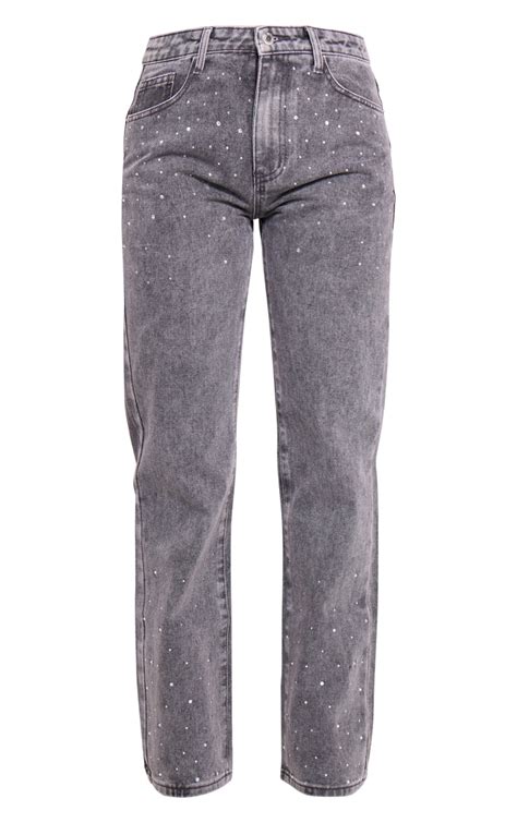 Washed Grey Diamante Straight Leg Jeans Denim Prettylittlething