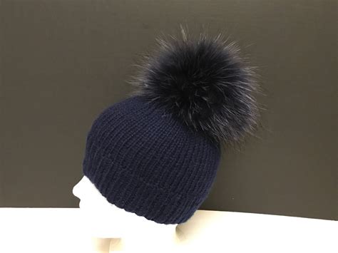 100% Cashmere Navy Blue Beanie Hat Handmade - Navy Blue Raccoon Fur Pom ...