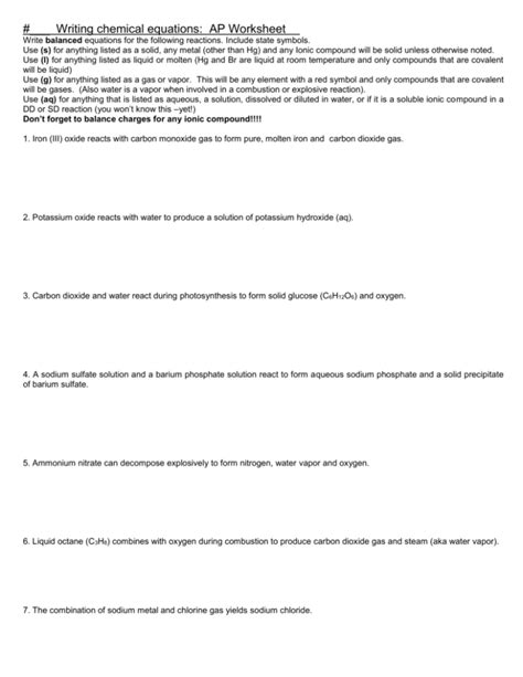 Writing Chemical Equations From Word Worksheet Tessshebaylo