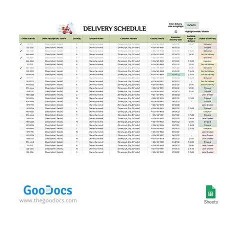 Delivery Schedule Template In Google Sheets