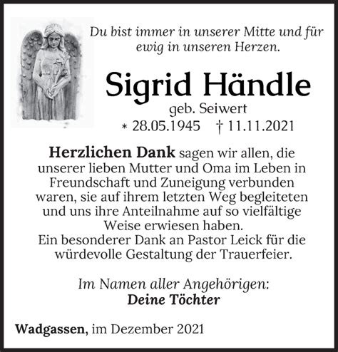 Traueranzeigen von Sigrid Händle Saarbruecker Zeitung Trauer de