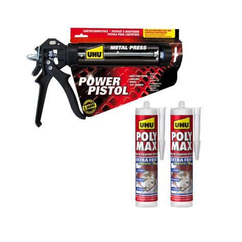 Pack Uhu Power Pistol 2 Cartouches Colle Mastic Extra Forte Polymax Invisible 2x300 G