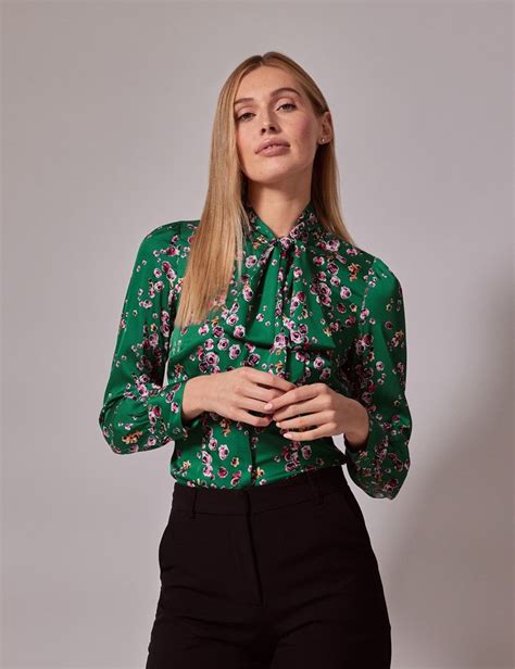 Womens Green And Pink Rose Satin Pussybow Blouse Hawes And Curtis