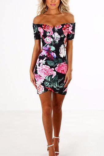 Black Floral Print Off Shoulder Overlap Mini Dress Dresses All