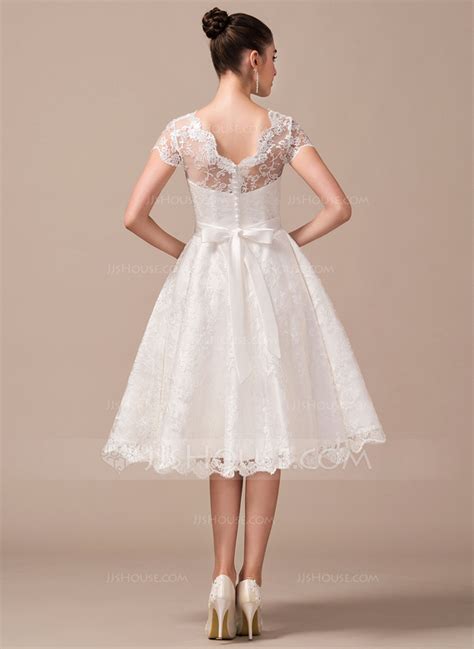 A Line Illusion Knee Length Lace Wedding Dress With Bow S 002068791