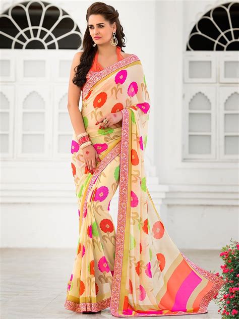 Georgette Cream Floral Print Saree A Floral Print Sarees Fancy