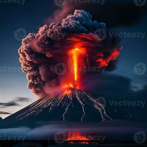 volcano eruption with massive high bursts of lava and hot clouds soaring high into the sky ...