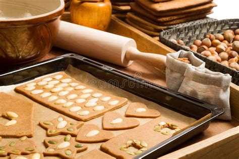 Close Up Of Baking Tray With Gingerbread Cookies Stock Photo Image Of