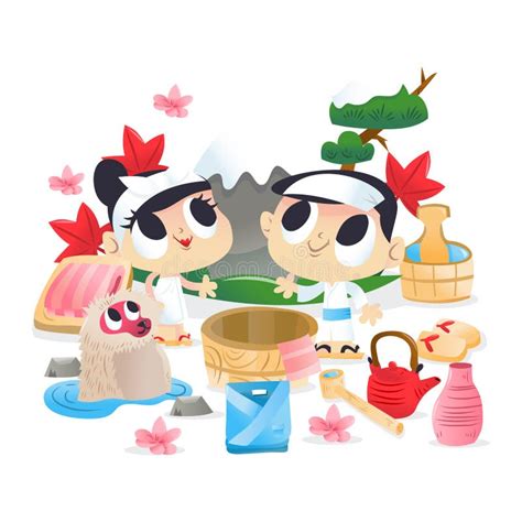 Super Cute Cartoon Boy Girl At Japanese Hot Spring Onsen Stock Vector Illustration Of Japanese