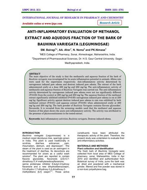 Anti Inflammatory Evaluation Of Methanol Extract And Aqueous Ijrpc