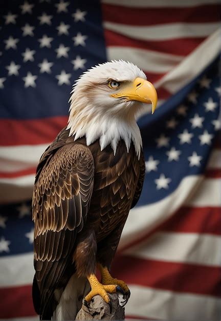 A Bald Eagle With A White Head And A Red And Blue Flag In The