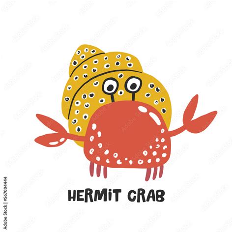 Hermit Crab Hand Drawn Vector Cartoon Illustration For Kids Amusing