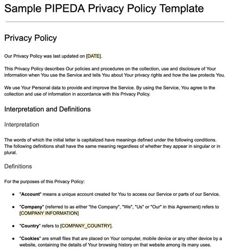 Pipeda Privacy Policy Template Termsfeed