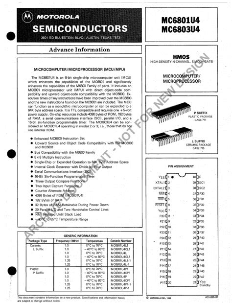 Mc6801u4 Motorola Microprocessor Hoja De Datos Ficha Técnica