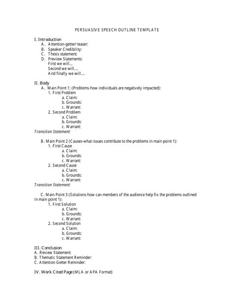 Persuasive Speech Outline Template Four Points Download Printable Pdf Templateroller