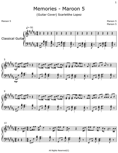 Memories Maroon 5 Sheet Music For Classical Guitar