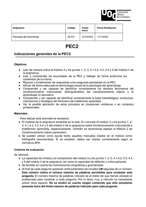 80 ENUNCIADO PEC 2 PSICOLOGIA DEL APRENDIZAJE inicio Psicología del