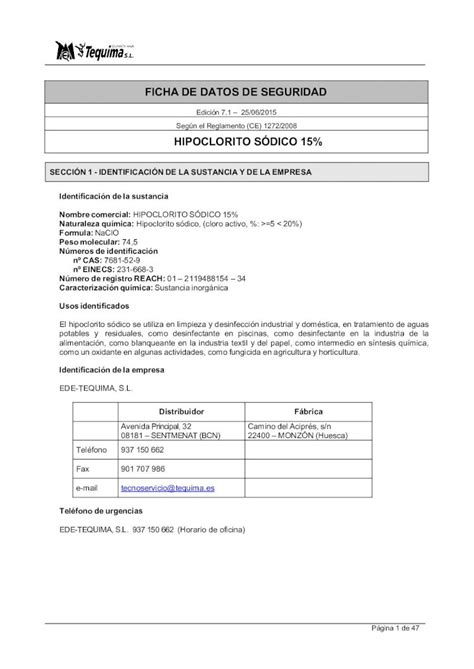 Pdf Ficha De Datos De Seguridad Hipoclorito S Dico Tequima Es Wp