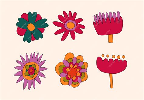 Premium Vector Set Of Vibrant Vintage Hippie Flowers 70s