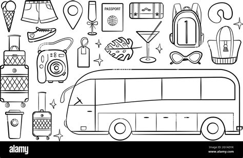 Road Bus Trip Set Of Doodle Travel Design Elements Hand Drawn Road