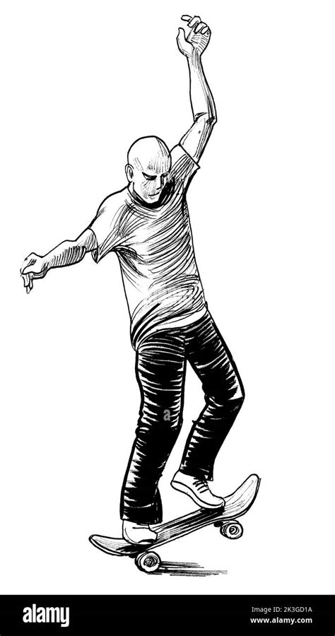 Man on skateboard. Ink black and white drawing Stock Photo - Alamy