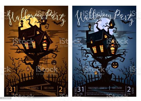 Halloween Party Banner Set With Spooky Castle Stock Illustration ...