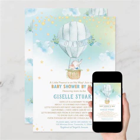 Elephant Hot Air Balloon Baby Shower By Mail Boy Invitation Zazzle