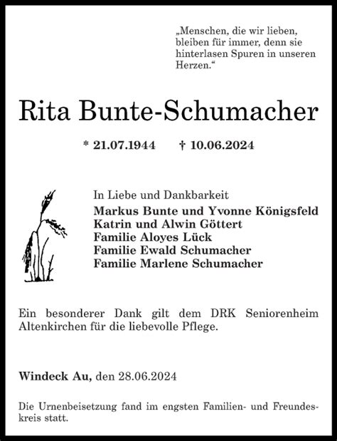 Traueranzeigen Von Rita Bunte Schumacher Rz Trauer De