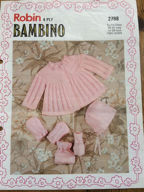 Vintage Robin Bambino Ply Baby Knitting Pattern Matinee Coat Bonnet