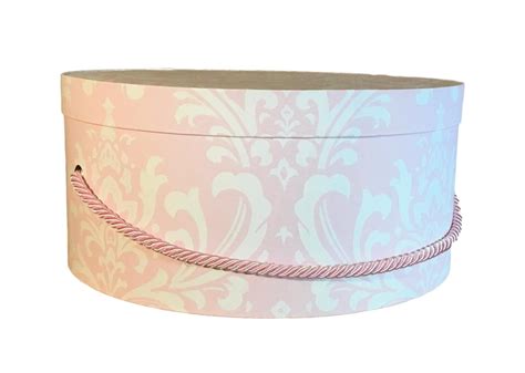 Large 16” Hat Box In Baby Pink Damask Fabric