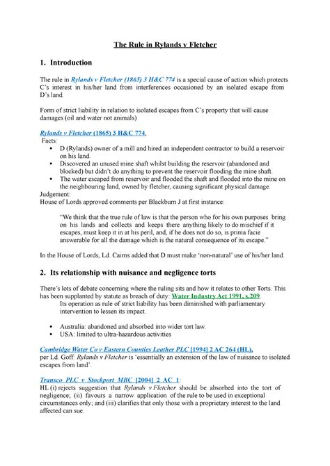 The Rule In Rylands V Fletcher Introduction The Rule In Rylands V