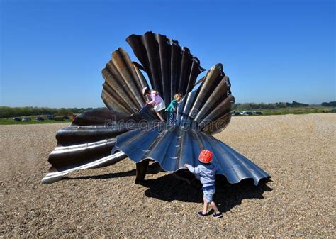 Scallop Shell Sculpture on Aldeburgh Beach with Children Climbing on it ...