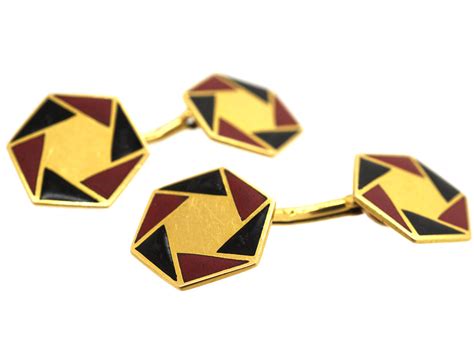 French Art Deco 18ct Gold Red And Black Enamel Octagonal Cufflinks 34m