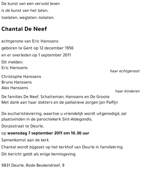 Avis de décès de Chantal De Neef décédé le 01 09 2011 à Gent annonce