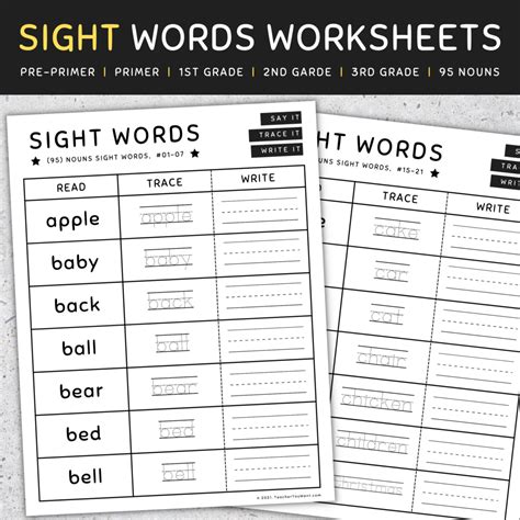 Noun Sight Words Nouns Trace Write Color Find It Worksheets