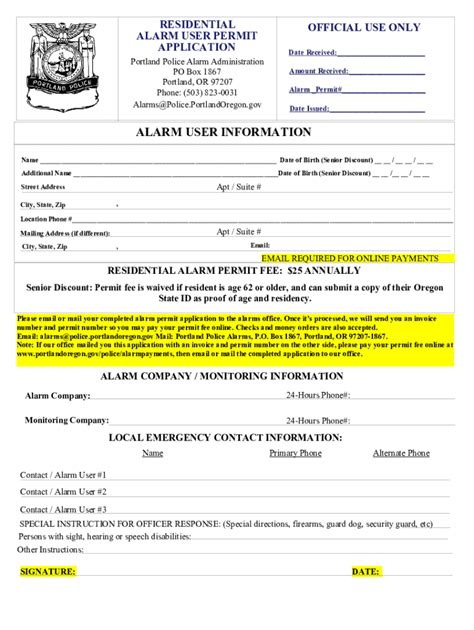 Residential Alarm User Permit Application Form Fill Out And Sign